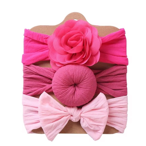 Other - Pink Floral and Bow Kids Headband Set